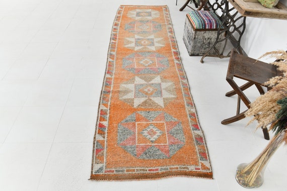 3x11 Runner Rug, 3x11 Orange Vintage, 3x11 ORIENTAL VINTAGE RUNNER Rug, 3x11, Wool Handmade Oushak, 3x11 Rugs, Orange & Ivory Vintage Rug,