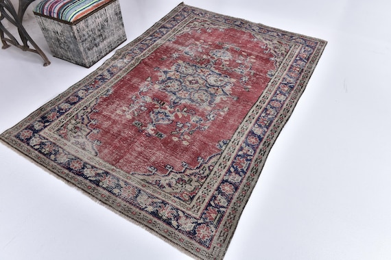 4x7 Vintage Elegant Area Rug, 4x7 Red Navy Blue Color Rug, 4x7 Central Medallion Design Rug, Oriental Home Decor, Handmade Wool Rug, 4x7 Rug