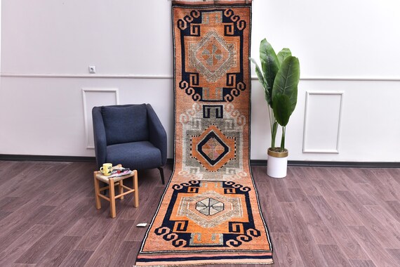 3x12 Handmade Vintage Wool Runner Rug, Rug For Hallway Kithcen, Orange Blue Color, Traditional Oriental Runner