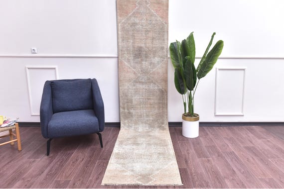 2x11 Vintage Faded Runner Rug, Muted Brown Color, Handmade Wool, Tribal Design, Hallway Kithcen Rug