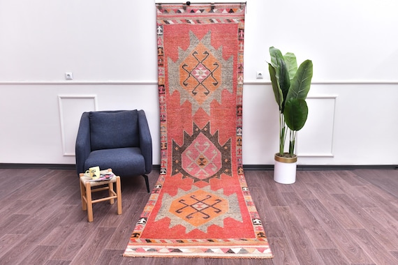 3x12 Handmade Vintage Wool Runner Rug, Rug For Hallway Kithcen, Red Taupe Color, Oriental Runner