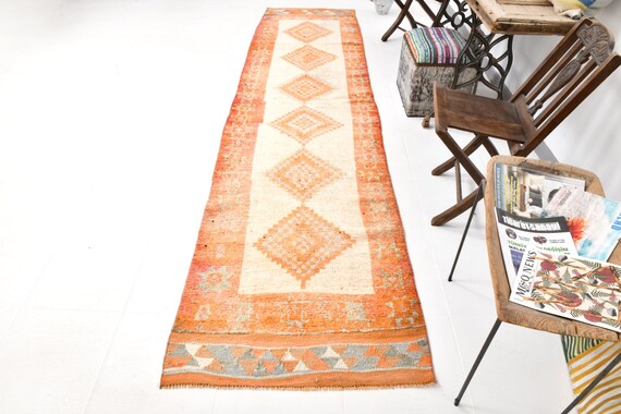 3x12 Orange Vintage Herki Runner Rug, 3x12 Herki Runner, 3x12 Rug, Soft Handmade WoolRug, 3x12 Vintage Runner, Orange & Beige Carpet, Rugged