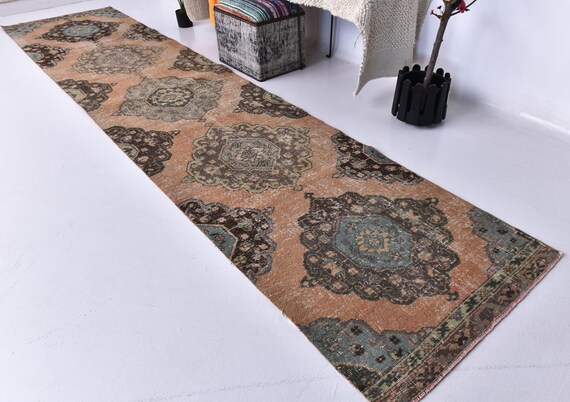 3x13 Antique Terracotta Runner Rug, 3x13, Handmade Persian Rug, Terracotta Blue Brown Color, 3x13 Runner Rug, 3x13 Heriz Runner For Hallway