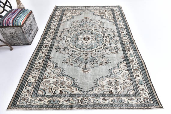 5x8 Vintage Turkish Green Rug, 5x8 Handmade Wool Rugs, Green White Color, 5x8 Floral Design,  5x8 Area Rugs, Living Room Rugs, Faded Rug