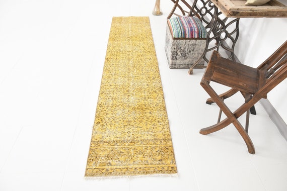 2x9 Runner Rug, 2x9 Vintage Runner, 2x9 Yellow Vintage Runner Rug, 2x9, Classic Handmade Oushak, 2x9 Rugs, Yellow & Brown Runner Rug, 58s
