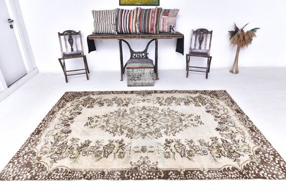 6x9 Brown & Beige Rustic Turkish Rug, 6x9 Turkish Rug, 6x9 Area Rug, Wool Hand Woven Rug, 6x9 Rug, Floral Oriental, Vintage Rug 6x9, 57s Rug