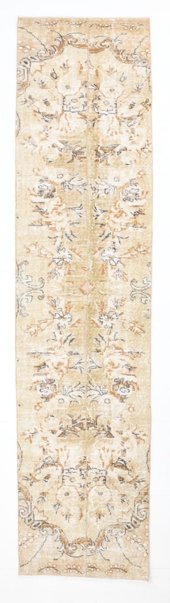 3x10 cream floral distressed Vintage Runner Rug, 3x10 beige cream floral desing hand made vintage carpet, rare vintage runner rugs 3x10.