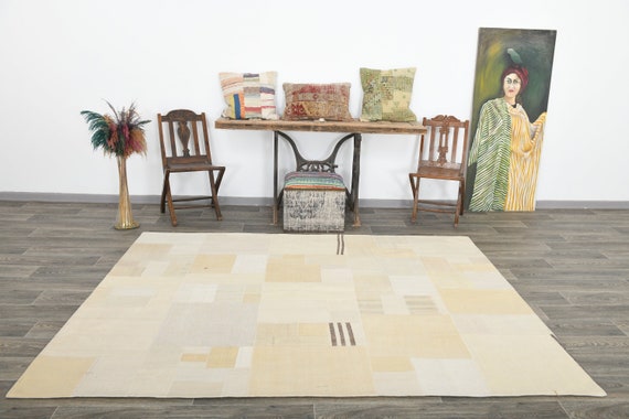 6x8 Area Rug, 6x8 Beige & Cream Kilim Patchwork, 6x8 Patchwork Kilim, 6x8, Oushak Handmade Kilim, Chess Patchy Style, Farmhouse Decor, 60s