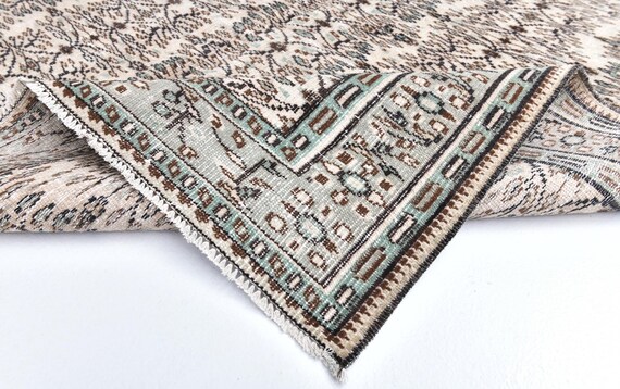 6x10 Vintage Distressed turkish Rug, 6x10 hand made Area Rug, wool Teal Green and Beige Vintage Rug, Floral vintage Style Turkish Rug 6x10