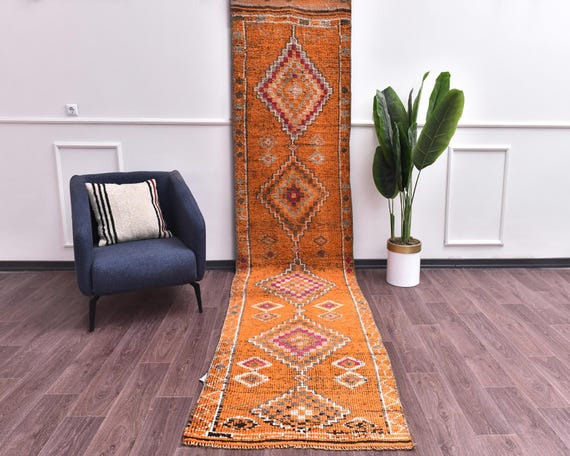 3x13 Vintage Traditional Wool Oriental Moroccan Runner Rug, Burnt Orange Color