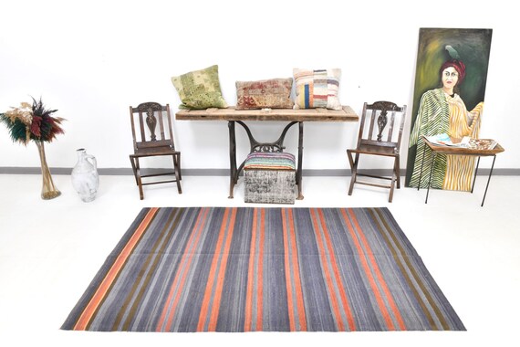4x7 Area Rug, 4x7 TURKISH VINTAGE KILIM Rug, 4x7 Kilim Rug, Wool Handmade Oushak Kilim, Rugs 4x7, Bold Colorful Kilim, Vintage Rug 4x7, 60s