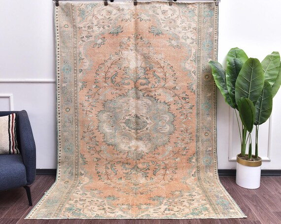 6x9 Neutral Vintage Faded Turkish Medallion Handmade Floral Beige Rug, Outlet, Pastel Color