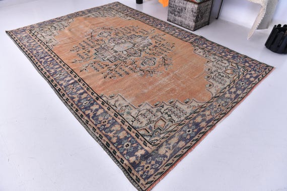 6x8 Vintage Faded Terracotta Rug, Terracotta Green Color, Handmade Wool Rug, 6x8 Living Room Bedroom Rug, 6x8 Farmhouse Decor, 6x8 Area Rug