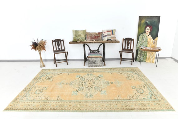 6x10 Area Rug, 6x10 Pastel Vintage, 6x10 Oriental Turkish Vintage Rug, 6x10, Wool Handmade Oushak, Peach Beige Vintage Rug, 6x10 Turkish Rug