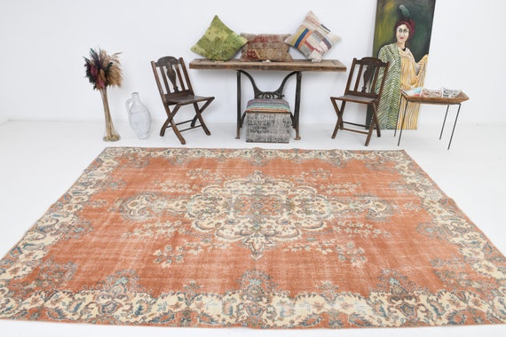7x10 TURKİSH VİNTAGE OUSHAK Handmade Wool Rug, Handmade wool rug, 7x10 Rug, 7x11, Oversized Rug, Madallion Rug, Turkey Rug, Oversized Carpet
