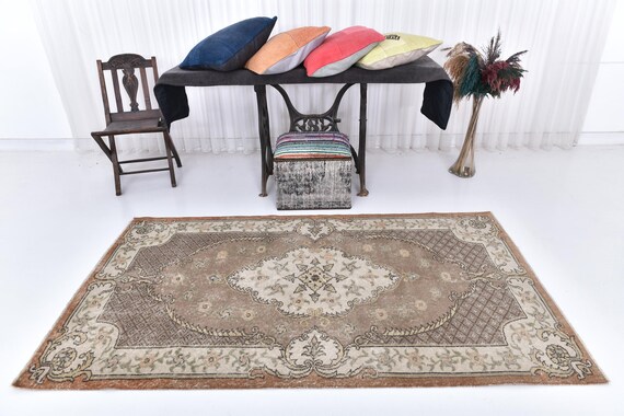 4x7 Vintage Floral Rug, 4x7 Area Rug, Handmade Area Rug, 4x7 Rug, Bedroom Rug, Turkish Brown Color Rug 4x7, 4x7 Tapis, 4x7 Teppich