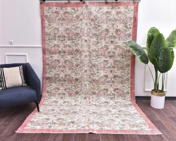6x10 Vintage Handmade Faded Floral Oriental Area Rug, Red Green Color, Outlet