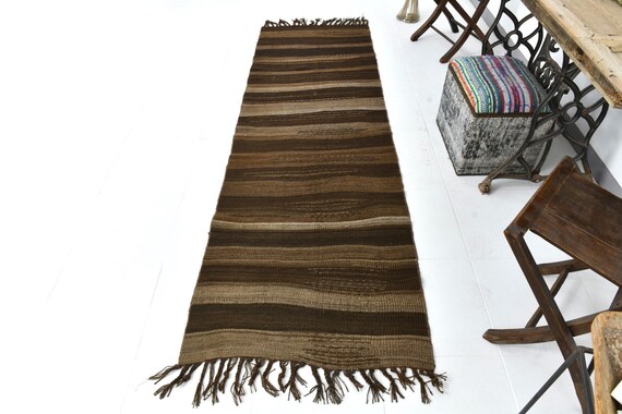 3x9 Rugs, 3x10 Pinstriped Vintage Kilim Runner Rug, 3x10 Kilim Runner, Wool Handwoven Kilim, Shades Of Brown & Dark Brown Kilim, Anatolian