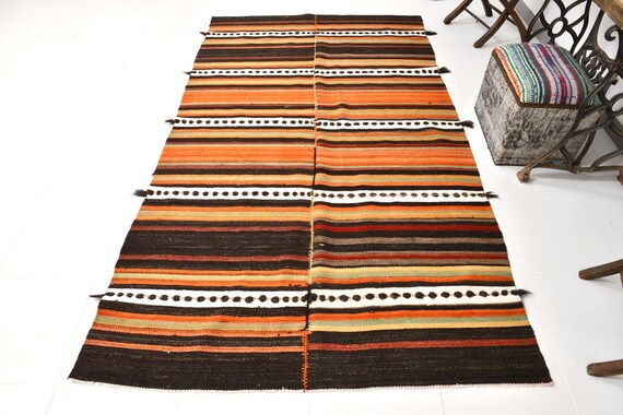 5x9 Vintage Striped Kilim Area Rug 5x9 Orange&Brown Kilim Rug, 5x9 Kilim Rug, Bohemian Eclectic Style, Rug For Unique Bedroom Kilim