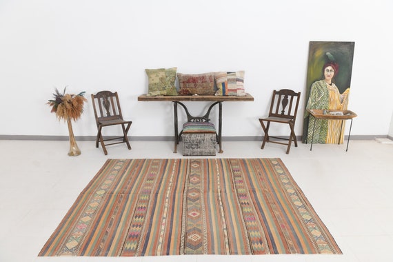 6x8 Area Rug, Kilim Rug 6x8, 6x8 TURKISH VITAGE KILIM Rug, 6x8, Wool Handwoven Kilim, 6x8 Rug, Blue & Green Kilim, Rug For Farmhouse Room
