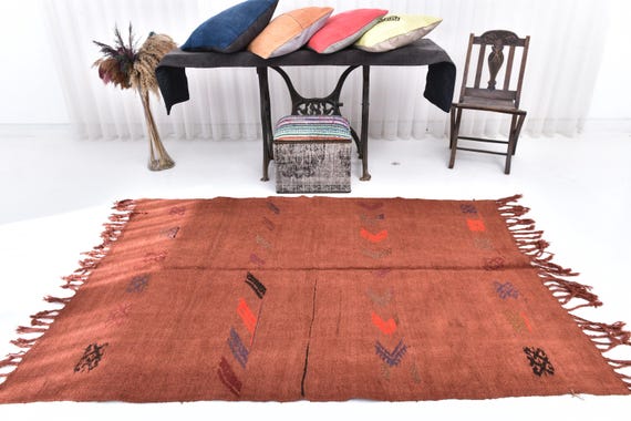 4x7 Brunt Orange Fringed Hemp Rug, 4x7 Hemp Rug, 4x7 Rug, Organic Handmade Hemp Rug, 4x7 Area Rug, 4x7 Turkish Rug, Rug For Farmhouse Decor