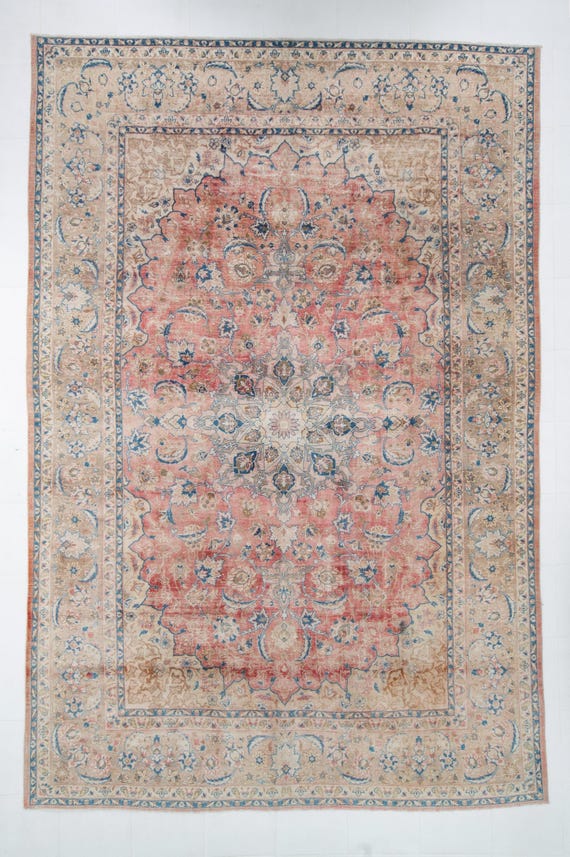10x14 Area Rug, 10x14 Peach Red Blue Persian Rug, Oversize Persian Rug, Extra Large Area Rug, 10x14 Rugs, Oriental Madallion Style, Antique