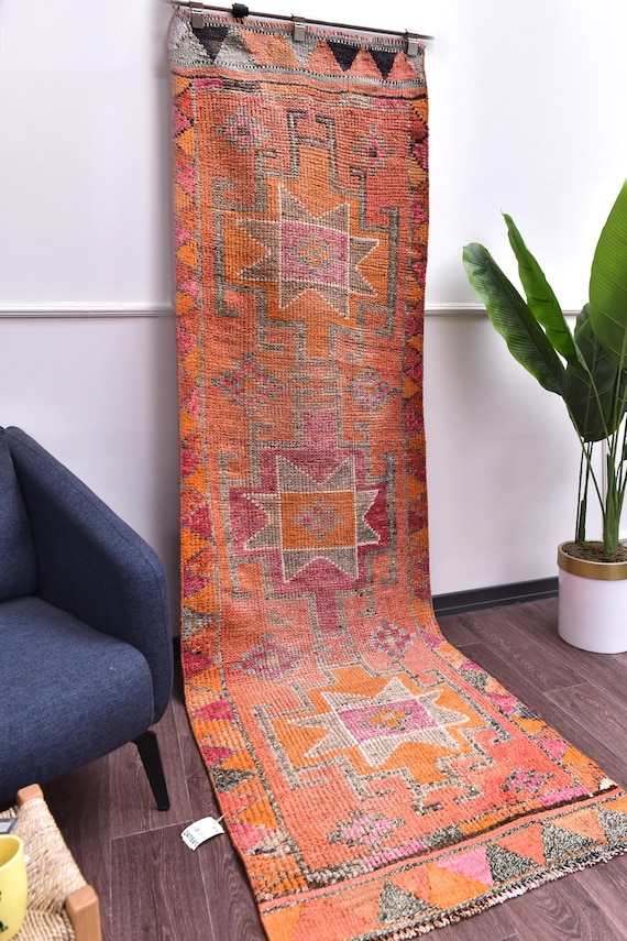 3x9 Vintage Faded Peach Runner Rug, Peach Color, Hallway Kithcen Runner, Traditional Pattern, Soft Wool Anatolian Rug
