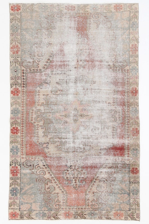 4x7 DISTRESSED TURKISH VINTAGE Rug, 4x7, Handmade Oushak Rug 4x7 Vintage Rug Shabby Chic Carpet Faded Red Beige Carpet Luxury Bedroom Tapis