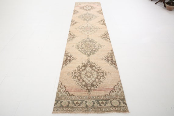 3x13 Runner Rug 3x13 VINTAGE TURKISH RUNNER Rug 3x13 Handmade Oushak Rug 3x13 Turkish Runner Brown Beige Rug Wide Long Hallway Kitchen Tapis