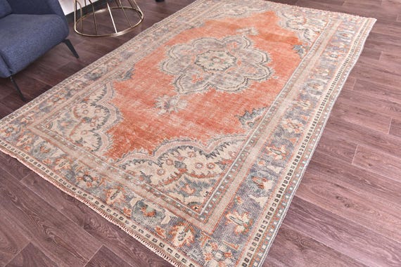 6x9 Vintage Turkish Rug, 6x9 Peach Gray Color, Handmade Wool Rug, Medallion Rug, Farmhouse Rug, 6x9 Living Room Rug,  6x9 Faded Rug