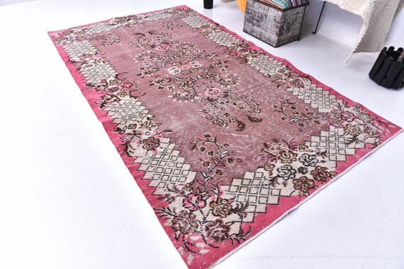 5x9 Pink Vintage Area Rug, Pink White Color, 5x9 Handmade Wool Rug, 5x9 Vintage Rug, Pink Rug, 5x9 Rug, Soft Rug, Living Room Rug, Area Rug
