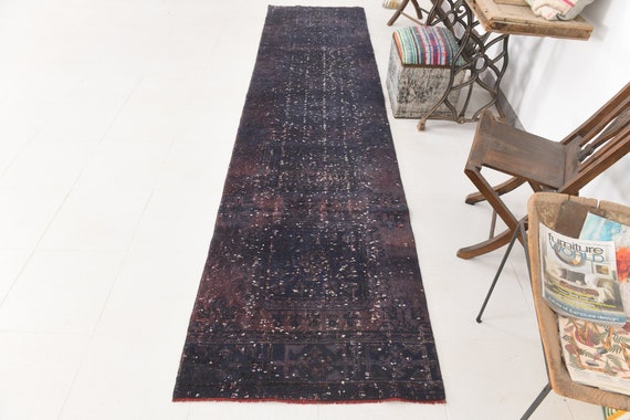 3x12 Runner Rug, 3x12 Oriental Vintage, 3x12 TURKISH VINTAGE RUNNER Rug, 3x12 Vintage Runner, Wool Handmade Turkey, Blue & Dark Gray Runners
