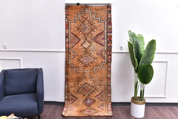 3x7 Vintage Handmade Runner Rug, Copper Brown Color, Hallway Kitchen Runner, Oriental Home Decor