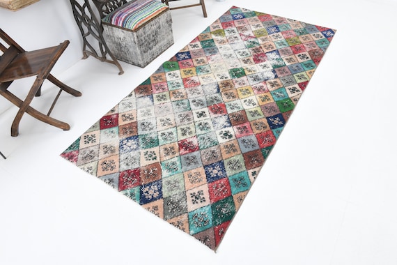 3x7 Vintage Turkish Wool Runner Rug: Colorful Hallway Carpet, Diamond Patterned Rug, Colorful Accent Rug, 3x7 Runner Rug