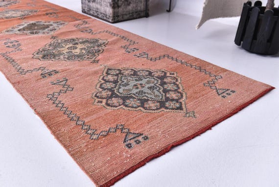 3x9 Vintage Coral Orange Runner Rug, Handwoven Persian Style Carpet, 3x9 Vintage Runner Rug, Handmade Wool Rug, 3x9 Area Rug, Hallway Rug