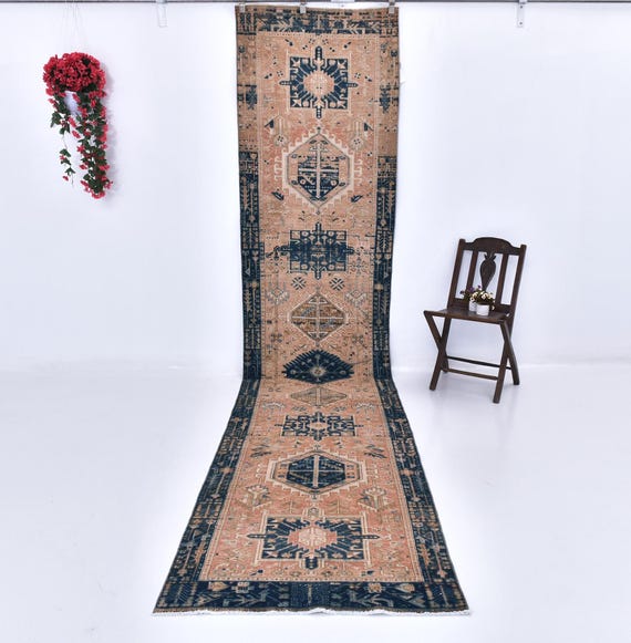 3x14 Navy Blue Persian Runner Rug, 3x14 Persian Runner, 3x14 Rug, Long Handmade Wool Rug, 3x14 Runner Rug, Heriz Runner 3x14, Kitchen Runner