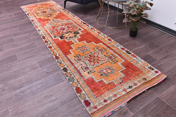 3x11 Vintage Runner Rug, Red Orange Black Gray Color, Handmade Wool Rug, 3x11 Hallway Kithcen Rug, Soft Wool Rug 3x11 Traditional Runner
