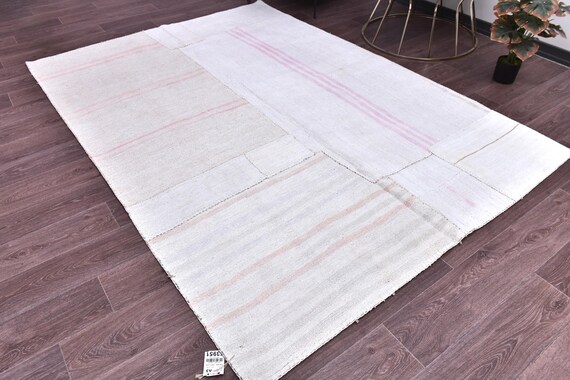 5x8 Vintage Ivory Patchwork Hemp Rug, 5x8 Neutral Hemp Rug, Ivory Pink Color Rug, 5x8 Naturel Hem Rug, Bedroom Rug, 5x8 Decorative Rug