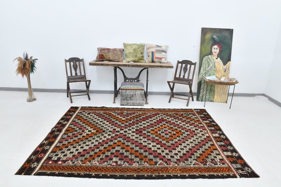 6x8 Area Rug, 6x8 Kilim Rug, 6x8 Turkish Vintage Kilim Rug, Shades Of Brown Red Kilim, Kilim Rug, 6x8 Rugs, Wool Handmade Kilim, Anatolia