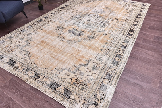 7x11 Vintage Farmhouse Rug, Black Orange Color, 7x11 Floral Area Rug, 7x11 Living Room Rug, 7x11 Distressed Rug, 7x11 Handmade Large Rug