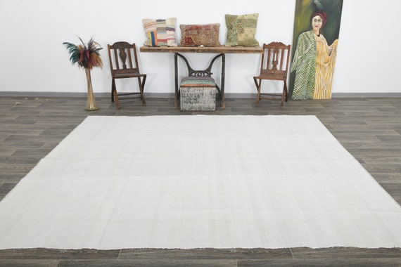 8x9 Neutral White Hemp Rug, 8x9 TURKISH VINTAGE HEMP Rug, 8x9 Hemp Rug, Natural Handmade Oushak, 8x9 Rugs, White & Ivory Area Rug, Antique