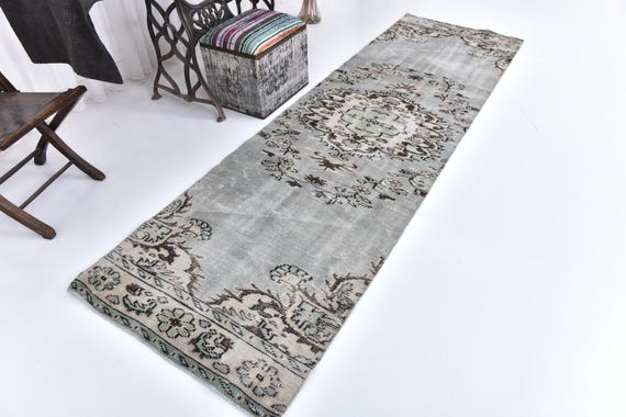 3x10 Vintage Faded Runnner Rug, Muted Green Color, 3x10 Handmade Wool, 3x10 Hallway Runner Rug, 3x10 Kithcen Runner Rug, Tribal Rug