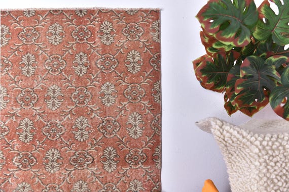 7x10 Large Vintage Turkish Rug, 7x10 Hand Knotted Wool Rug, 7x10 Coral Pink Floral Pattern Rug, Living Room Area Rug, Boho Home Decor Carpet