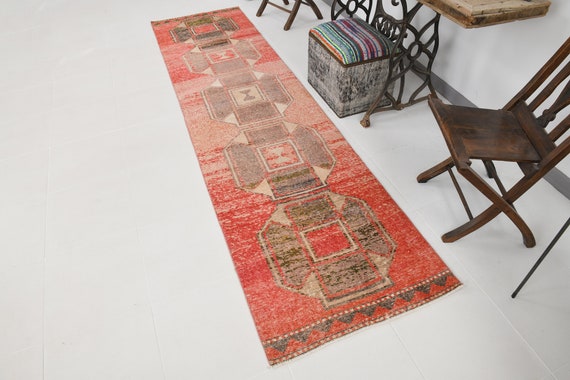 3x10 PASTEL Red Beige Vintage Rug,3x10 Turkish Vintage Oushak Rug,3x10 Runner Rug,3x10 Rug,Bohemian Luxury Rug,Farmhouse Rug,Wool Rug,