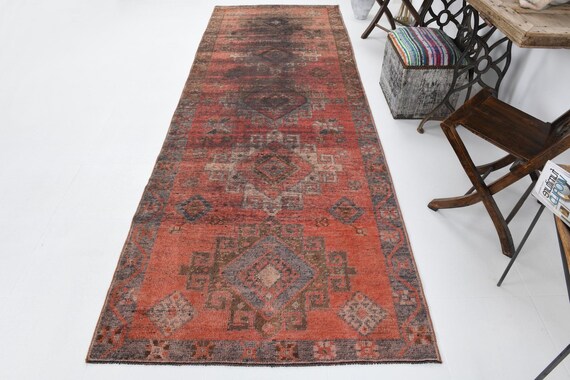 4x12 Runner Rug, 4x12 Long Wide Vintage Runner, 4x12 Turkish Vintage Runner Rug, Rugged Handmade Rug, 4x12 Rugs, Brunt Red Rug, Antique 55s