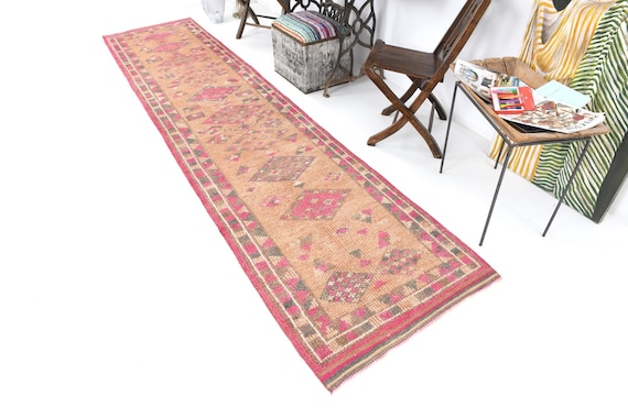 3x12 Soft Pink Pastel Vintage Runner Rug, 3x12 Vintage Runner, 3x12 Rug, Handmade Wool Oushak, 3x12 Runner, Pink & Orange Carpet, Antique
