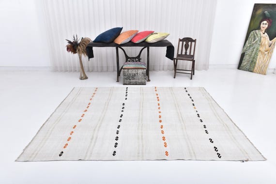 6x8 White & Black Hemp Rug Area Rug, 6x8 Hemp Rug, 6x9 Neutral Vintage Hemp Rug, 6x8, Turkish Handmade Hemp, 6x8 Rugs, Rug For Bedroom Dorm