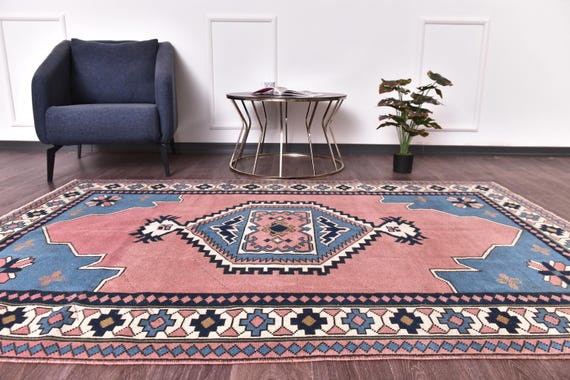 5x8 Turkish Faded Rug, Purple Blue Color, 5x8 Handmade Wool Rug, Living Room Bedroom Rug, 5x8 Antique Geometric Rug, 5x8 Oushak Rug, 5x8 Rug