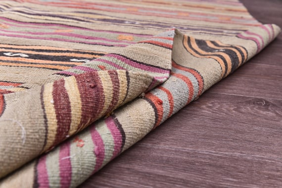 5x8 Vintage Striped Turkish Kilim Rug, 5x8 Cream, Red Black Color, 5x8 Handmade Wool Jute Rug, 5x8 Traditional Turkish Rug, 5x8 Kilim Rug