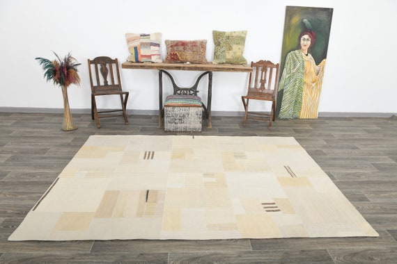 6x8 Area Rug, 6x8 Beige Cream Kilim Patchwork Rug, 6x8 Kilim Rug, Wool Handwoven Kilim, 6x8 Rug, 6x8 Vintage Rug, Patchwork Style, Antique